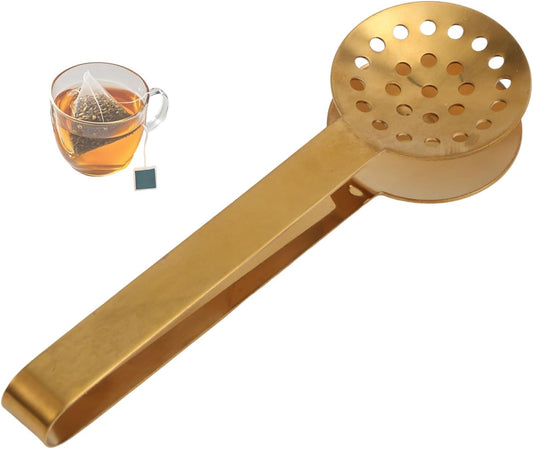 Tea Bag Squeezer Tongs, Stainless Steel Teabag Strainer Dispenser Gripper Picker Accessories for Tea Drinkers Gifts(Gold)