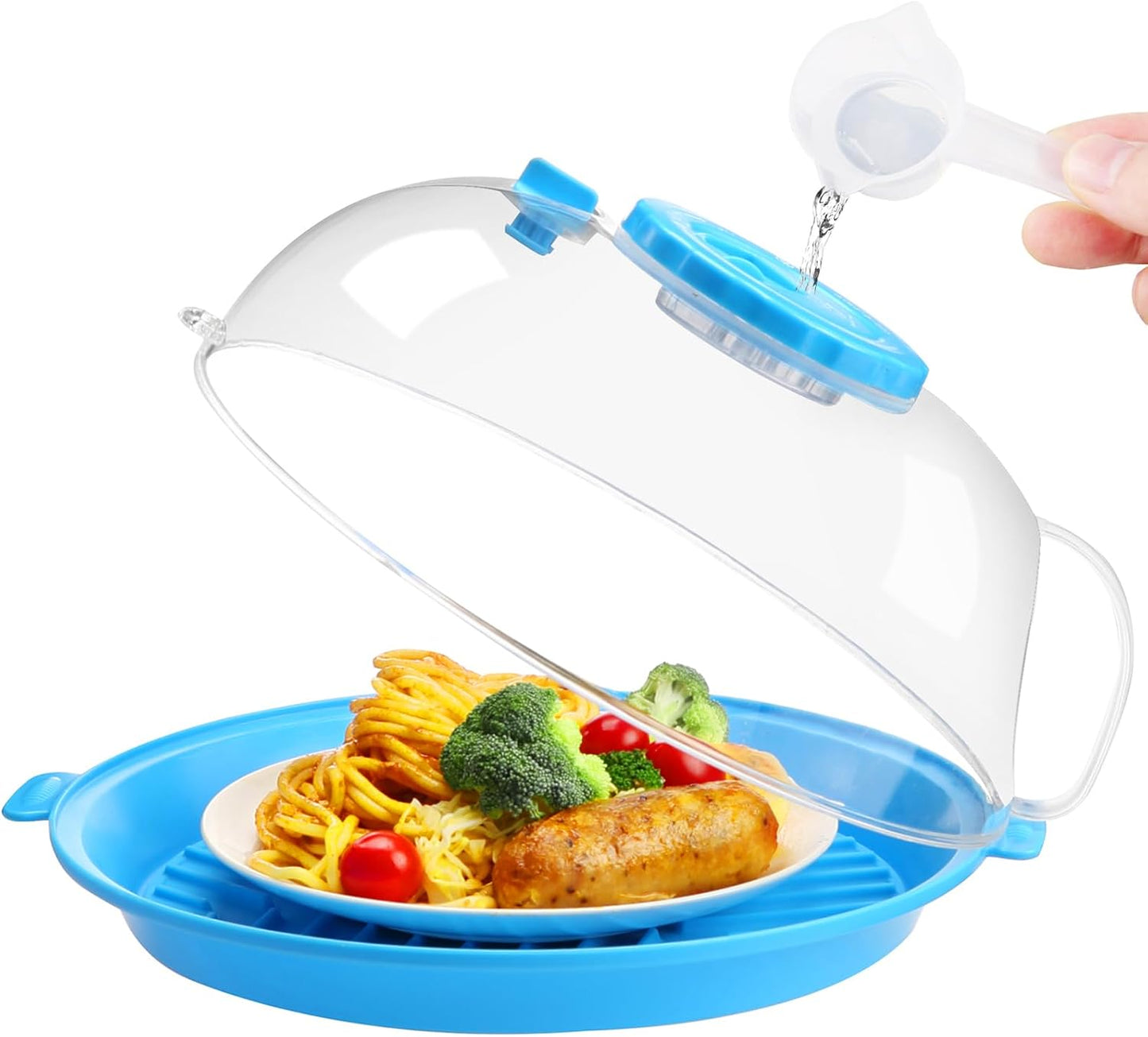 Microwave Splatter Cover Lid for Food 10.2 Inch with Water Steamer, Clear Microwave Splash Guard Cooker Lid with Plate, Dish Bowl Plate Serving Cover Cookware High Transparent Plastic Black