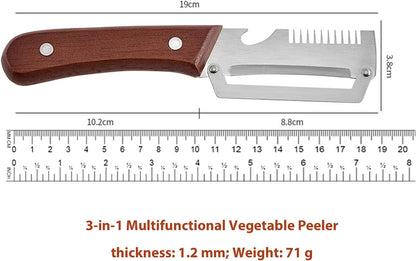 2 PCS Multifunctional Vegetable Peeler, 3 in 1 Elite Vegetable Peeler with Wooden Handle and Bottle Opener, Zero Snag Wooden Peeler for Fruits and Vegetables