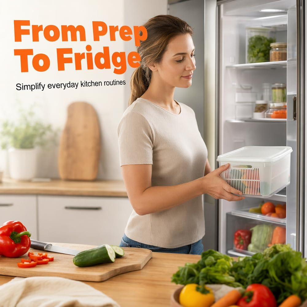 Kruggo Fruit Storage Container For Fruit Kitchen Storage (A, Medium) | Removable Colander Produce Storage Containers for Fridge Organizer