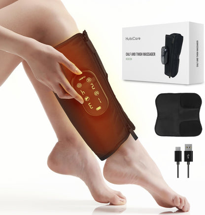 HubiCare Calf and Thigh Massager, Heated Air Compression Leg Massager, Sequential Compression Wrap for Tired Legs, 4 Modes 3 Intensities, Vibtration, Cordless Leg Massager with Extension (Pair)