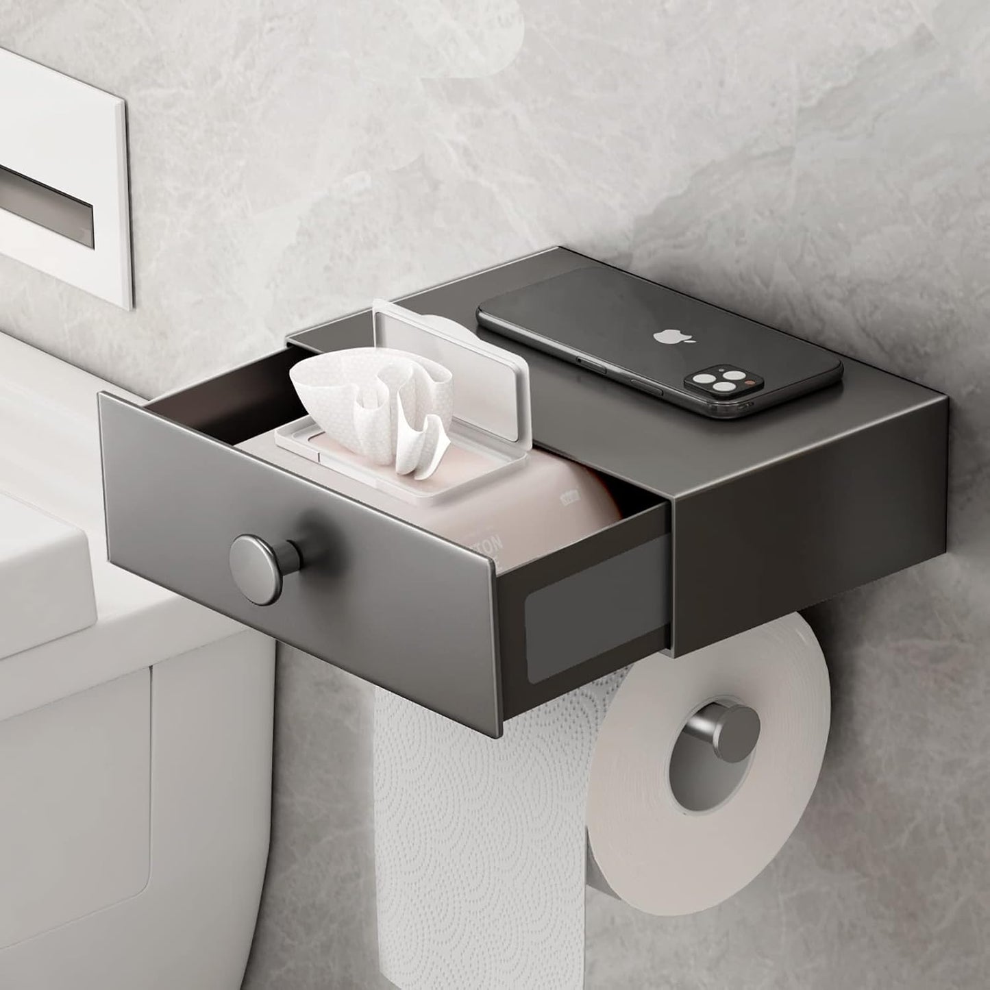 VOLDRA Toilet Paper Holder with Shelf Black Wipes Dispenser for Bathroom Toilet Paper Holder with Storage Upgrade Drawer Design Toilet Tissue Holder Adhesive Small Bathroom Shelf Wall Mount