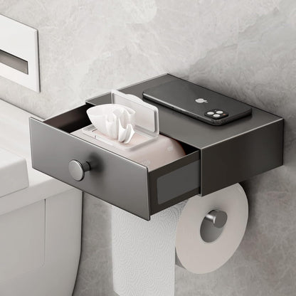 VOLDRA Toilet Paper Holder with Shelf Black Wipes Dispenser for Bathroom Toilet Paper Holder with Storage Upgrade Drawer Design Toilet Tissue Holder Adhesive Small Bathroom Shelf Wall Mount