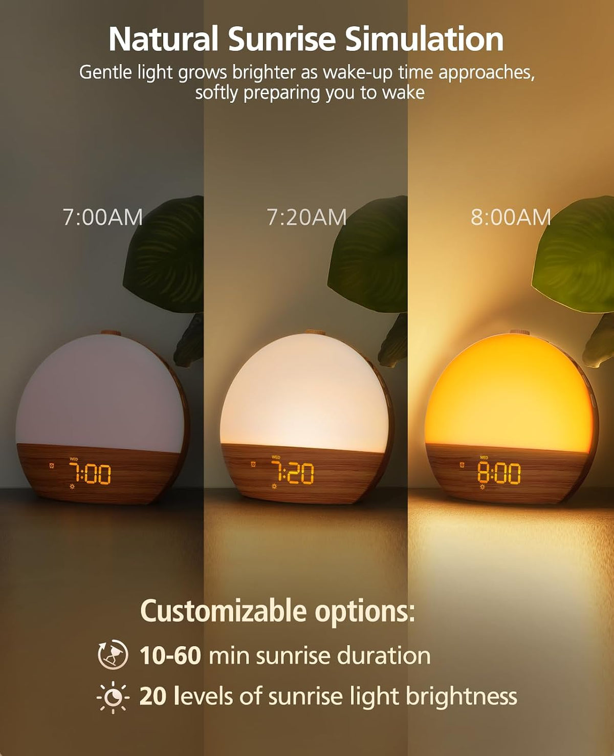 Wood Grain White Noise Sound Machine Sunrise Alarm Clock with 30 Soothing Sounds, 17 Night Lights, Bluetooth Speaker Wake Up Light Alarm Clocks for bedrooms, Heavy Sleepers, Baby, Kids