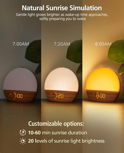 Wood Grain White Noise Sound Machine Sunrise Alarm Clock with 30 Soothing Sounds, 17 Night Lights, Bluetooth Speaker Wake Up Light Alarm Clocks for bedrooms, Heavy Sleepers, Baby, Kids