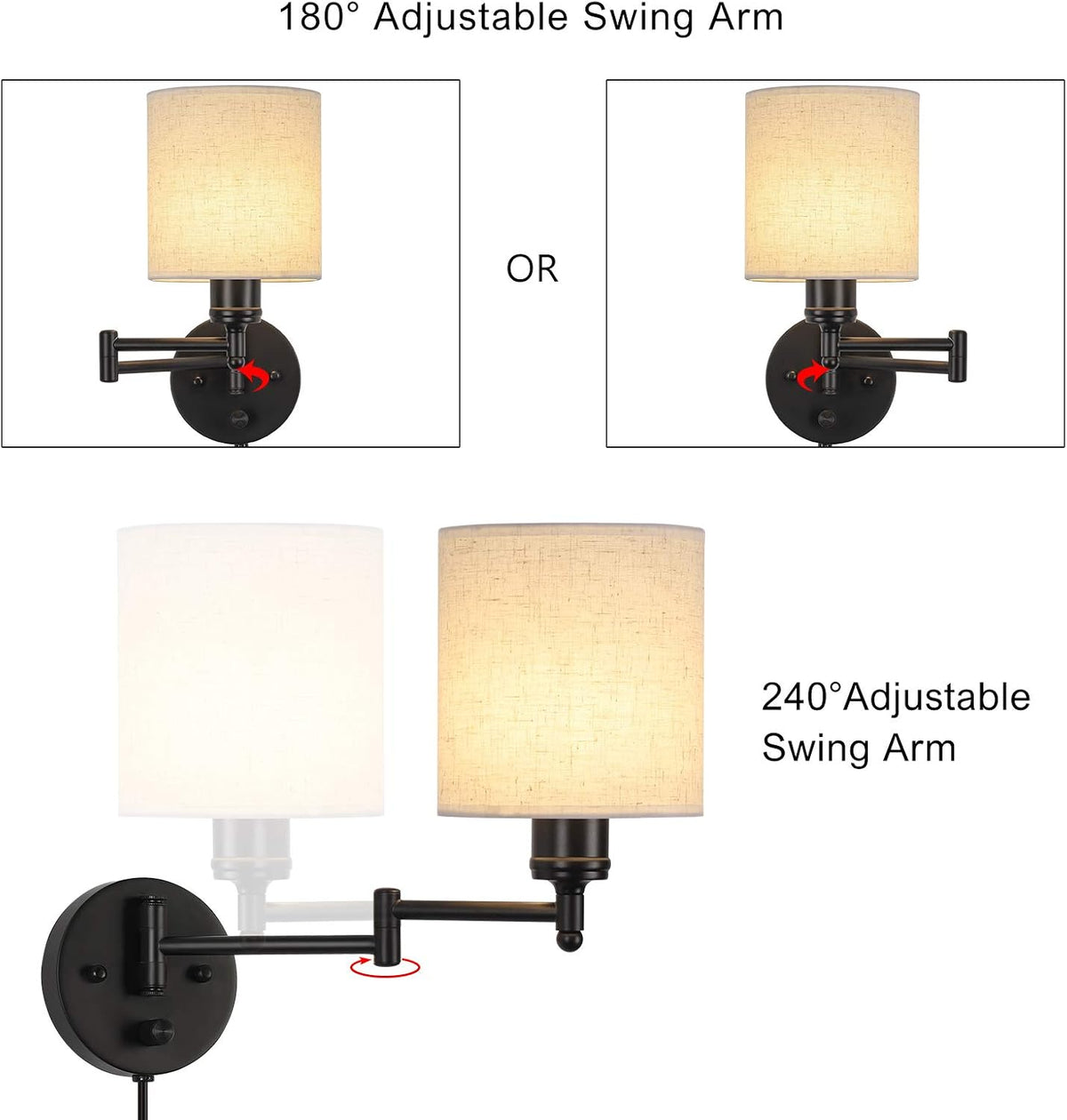 CADUKE Plug in Wall Sconce Set of 2, Swing Arm Wall Lamps