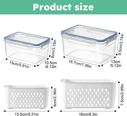 2 Pcs Fruit Storage Containers for Fridge with Removable Colander, Airtight Leakproof Produce Saver Set, Plastic Fridge Organizers for Vegetables, Berries & Meat, Dishwasher Safe