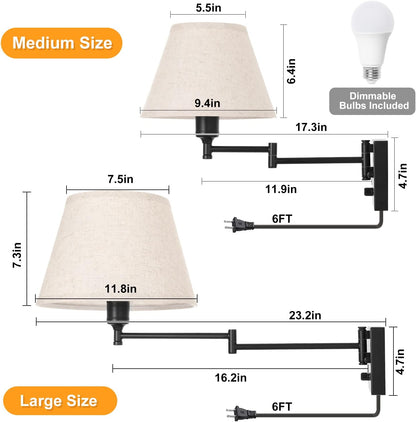 TRLIFE Wall Sconce Plug in, Dimmable Wall Sconces Set of Two Swing Arm Wall Lights with Plug in Cord and On/Off Dimmer Rotary Switch, 9.4" Medium Beige Fabric Shade(2 Pack, 2 Bulbs)