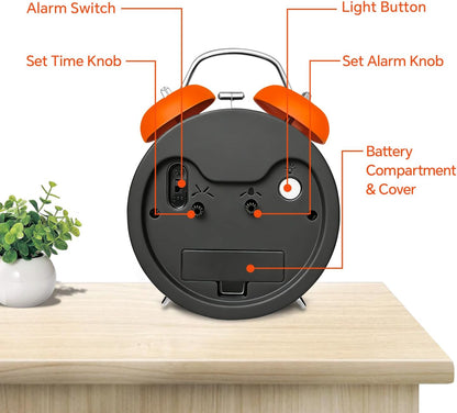 4.5" Metal Loud Alarm Clock for Heavy Sleepers Adults, Analog Battery Operated Alarm Clock with Bells Glow in Dark Numbers, Silent Old School Bedside Desk Clock for Bedroom Office Kids, Black