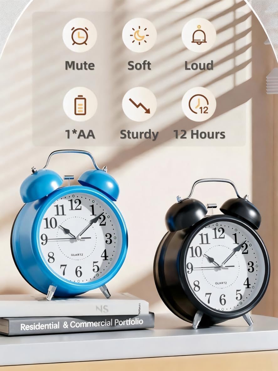 4 Inches Analog Alarm Clocks Retro Backlight Cute Simple Design with Night Light Silent Non-Ticking Battery Operated [Red]