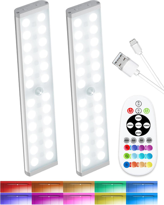 SZOKLED Motion Sensor Night Lights, 58-LED RGB Under Cabinet Lighting Wireless, 1100mAh Rechargeable Under Cabinet Lights Dimmable Closet Lights for Step, Stair, Kitchen,Hallway