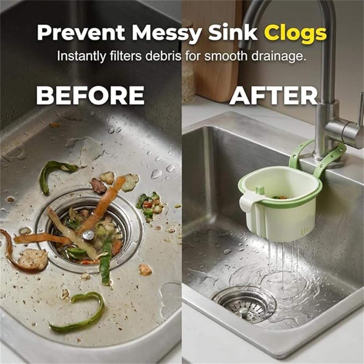 Sink Drain Strainer Self-Cleaning Faucet Hanging Filter Basket, Multifunctional Kitchen Sink Strainer Press Automatic Dumping Basket (Green)