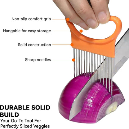 Onion Holder for Slicing - Stainless Steel Vegetable & Fruit Slicer Assistant Tool, Multi-Purpose Onion Tomato Cutter for Potato, Avocado, Egg & Meat Chopping (Blue)
