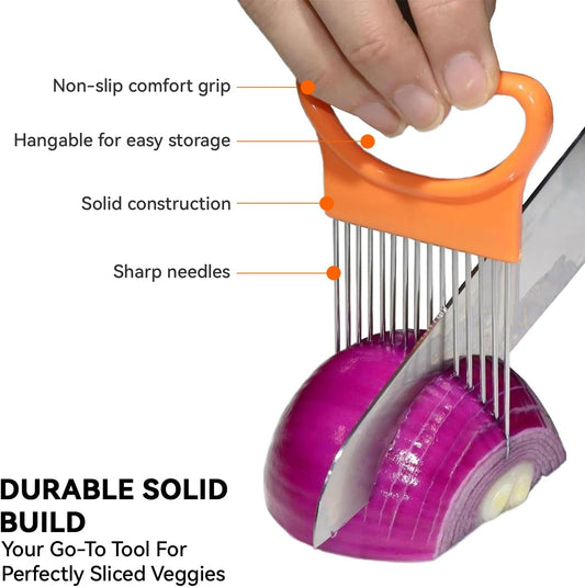 Onion Holder for Slicing - Stainless Steel Vegetable & Fruit Slicer Assistant Tool, Multi-Purpose Onion Tomato Cutter for Potato, Avocado, Egg & Meat Chopping (Blue)