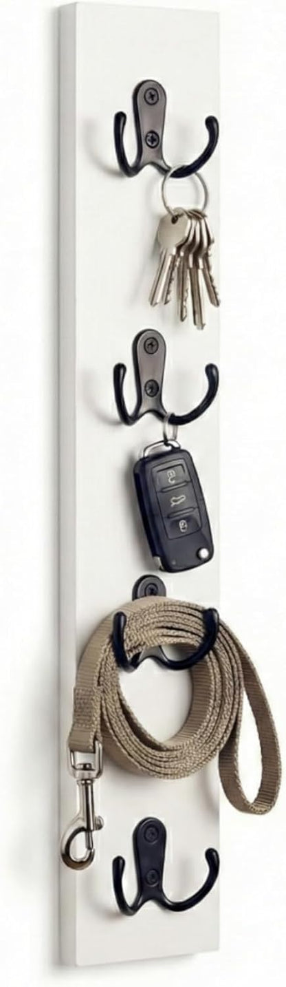 Vertical Key Holder for Wall & Dog Leash Holder – Solid Wood Wall Mount Key Rack with 8 Hooks – Small Space Saving Entryway Organizer for Keys, Lanyards, Masks (Adhesive or Screws) (White)