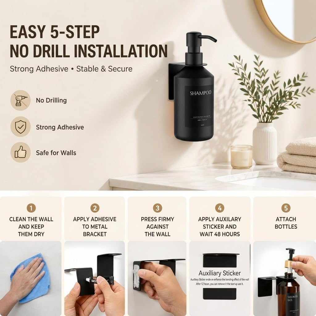 Shampoo and Conditioner Dispenser Set of 3 for Wall Mount | 16.9 fl oz Drill Free Shower Soap Bottles,Refillable Body Wash Dispensers for Bathroom Decor (Amber Bottles + Bamboo Pumps)