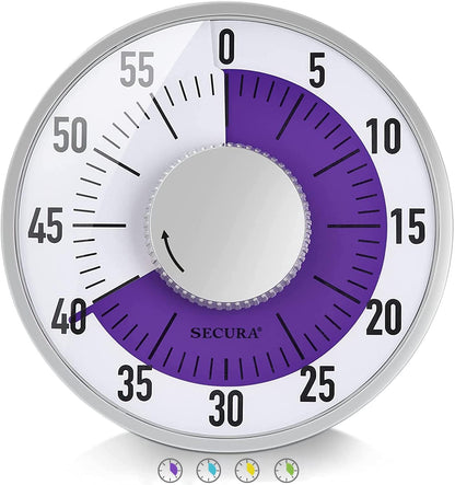 Secura 60-Minute Rainbow Visual Timer 6-Inch Mechanical Countdown Timers for Teaching, Meeting, Cooking, Working - Timer for Kids with Magnetic Backing (Black)