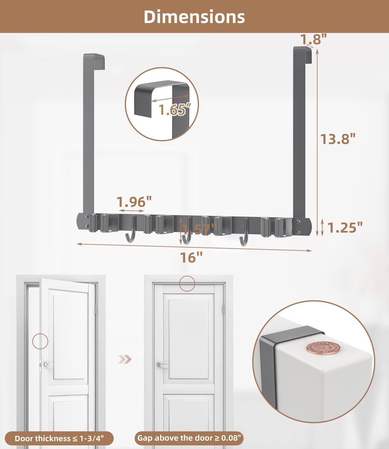 Broom Holder Over The Door with Hooks -304 Stainless Steel (Black) | Save Space, Anti-Rust & Sturdy, Mop and Broom Holder Wall Mounted or Hanging Over The Door, for Garage Laundry Kitchen
