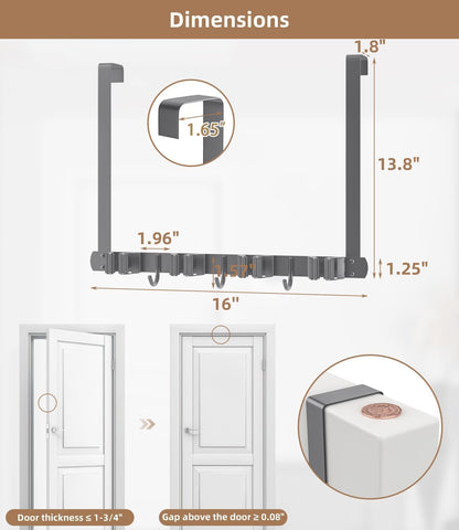 Broom Holder Over The Door with Hooks -304 Stainless Steel (Black) | Save Space, Anti-Rust & Sturdy, Mop and Broom Holder Wall Mounted or Hanging Over The Door, for Garage Laundry Kitchen