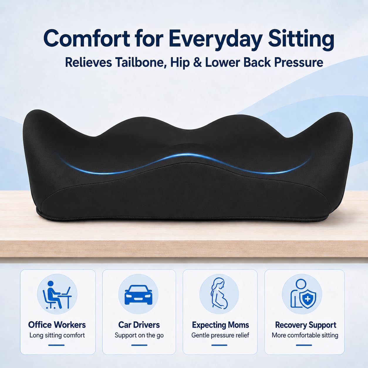 X Large Memory Foam Seat Cushion for Office Chair, High-Density Pad with Non-Slip Bottom and Adjustable Strap, Tailbone Pressure Relief for Long Sitting, Desk Work, Car, Wheelchair, Black