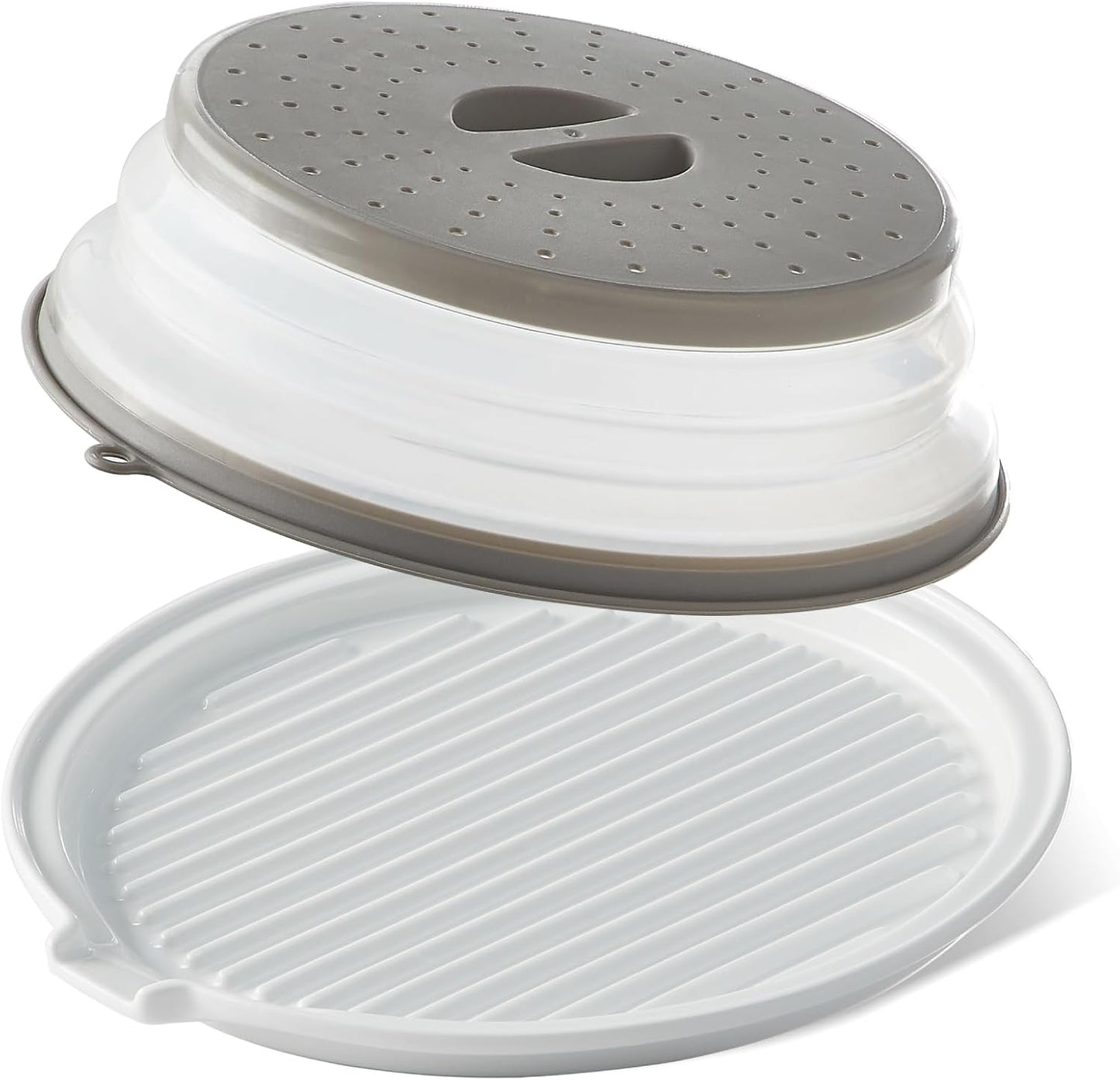 ONEMORE Microwave Bacon Cooker, Ceramic Bacon Tray with Splatter Cover | Meat Rack for Oven Cooking Crispy Bacon Maker with Collapsible Lid - 13 inch Round Bacon Dish Plate, Dishwasher Safe, White
