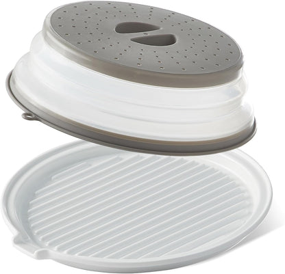 ONEMORE Microwave Bacon Cooker, Ceramic Bacon Tray with Splatter Cover | Meat Rack for Oven Cooking Crispy Bacon Maker with Collapsible Lid - 13 inch Round Bacon Dish Plate, Dishwasher Safe, White
