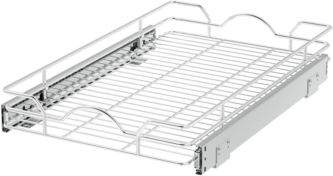 OCG Pull Out Cabinet Organizer 2 Pack (15" W x 21" D), Pull out Shelves 1 Tier, Cabinet Slide Out Shelves for Base Cabinet Organization in Kitchen Bathroom Pantry, Bottom Mount, Chrome Finish