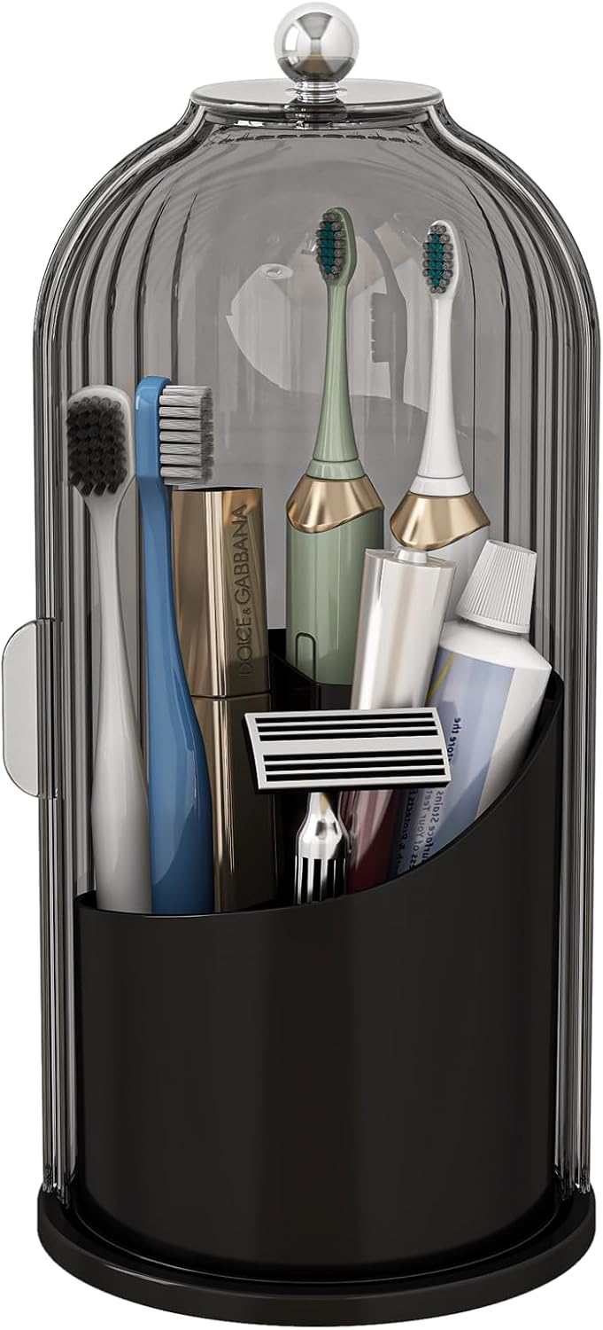 Toothbrush and Toothpaste Holders with Cover, Grey White | Waterproof and Dustproof, 360° Rotating Base, Smooth Sliding Door, 3 Slots, for Bathroom Countertop