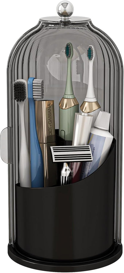 Toothbrush and Toothpaste Holders with Cover, Grey White | Waterproof and Dustproof, 360° Rotating Base, Smooth Sliding Door, 3 Slots, for Bathroom Countertop