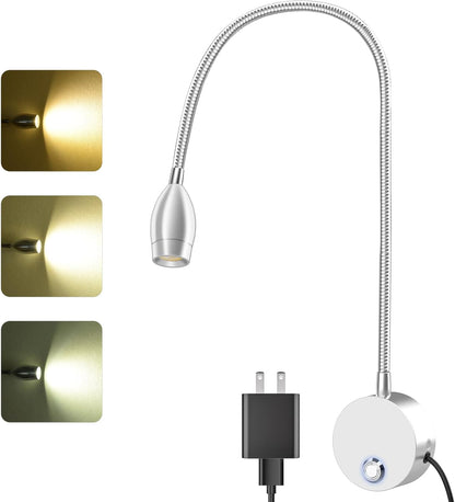 Wall Mounted LED Reading Light with 15" Flexible Gooseneck, Dimmable Book Light for Reading In Bed with USB Charging Port, Plug In Headboard Night Lights, 3 Colors Temperature, Touch Control-2 Pack