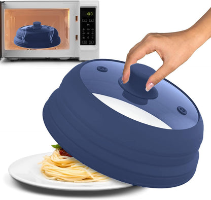 Microwave Splatter Cover Glass 11.8 Inch - Collapsible Microwave Splatter Cover for Plate & Bowl - Tempered Glass Top, Food-Grade Silicone Dome with Heating Vents & Heat-Safe Handle (BLACK)