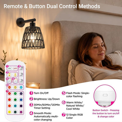 Boho Battery Operated Wall Sconces, Rattan Wall Sconce Set of 2 with Remote, RGB 15 Colors Dimmable Rechargeable Wall Light, Black Indoor Wireless Wall Lamp, Farmhouse Rattan Wall Lighting for Bedroom