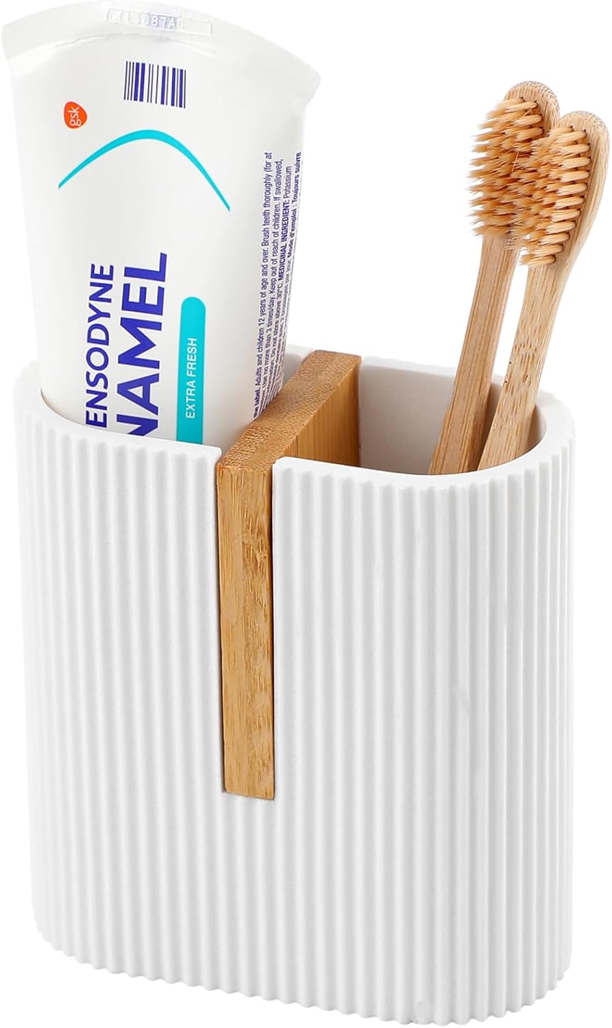 Toothbrush Holders for Bathroom, Bamboo Electric Toothbrush Stand, White | Toothbrush and Toothpaste Organizer for Sink Countertop, Bathroom Storage Stand for Brushing Accessories