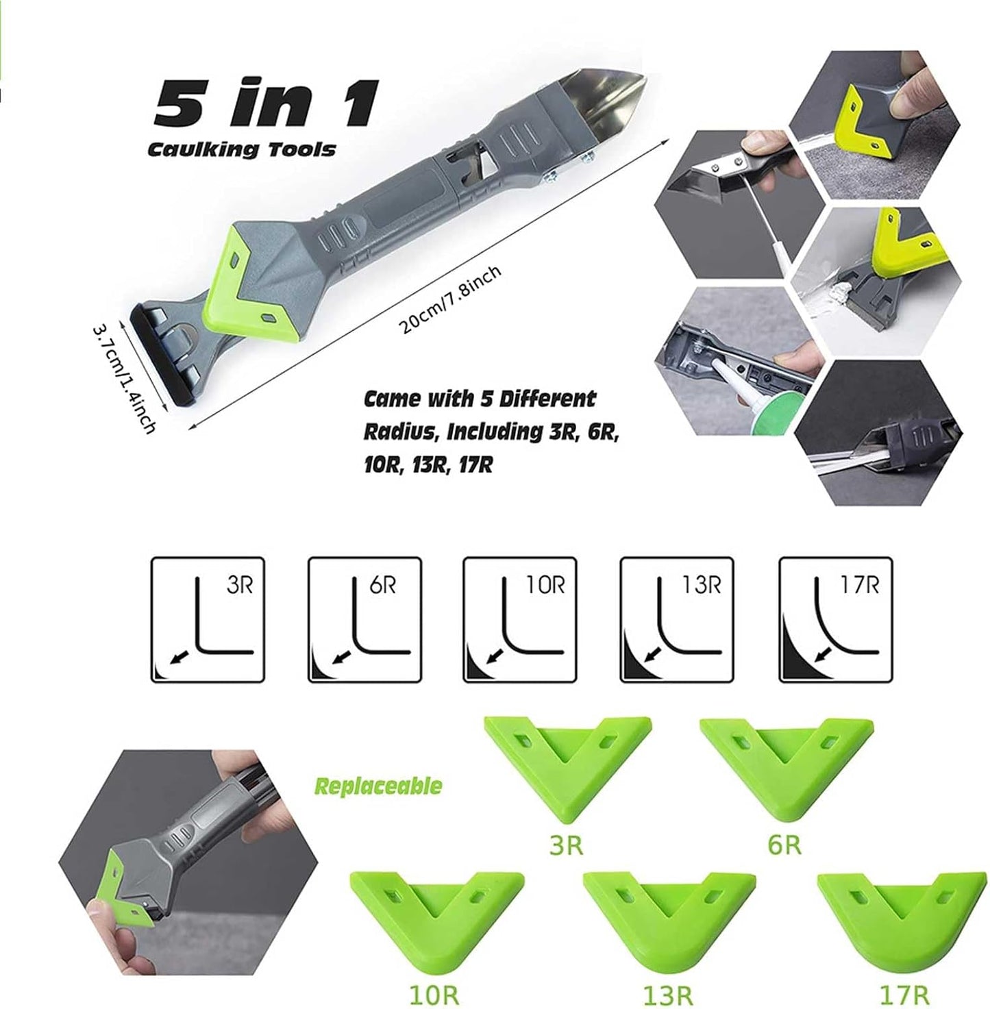 Caulking Tool 5 in 1, Caulk Remover & Sealant Finishing Tool, 10-Piece Kit | 5 Silicone Pads + 2 Stainless Steel Blades + 4 Angle Scrapers | Seam Repair for Kitchen, Bathroom, Tile & Window Joints