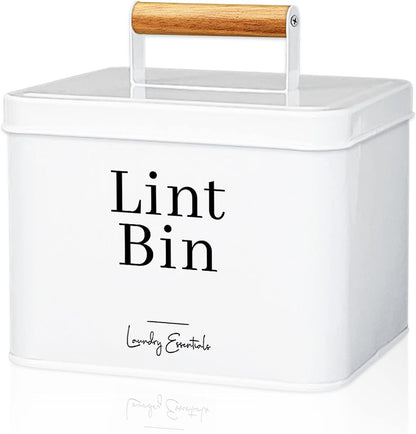 Modern Farmhouse Lint Bin for Laundry Room Decor and Accessories (White) | Metal Lint Bin for Laundry Decor and Laundry Room Organization, Laundry Trash Can, Lint Holder Bin