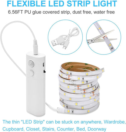 Rechargeable Motion Sensor LED Strip for Cabinet (2Pack-6.6FT, Cool White) | Motion Activated, 1500mAh Battery, Cuttable, Auto On/Off, Self-Adhesive, for Kitchen, Stairwell, Hallway, Garage, Basement