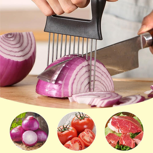 Onion Holder for Slicing, 2025 New Stainless Steel Onion Slice Holder Lemon Slicer Vegetable Cutter, Kitchen Chopper Slicing Assistant Tool for Meat, Onion, Potato, Tomato (B-1PCS)