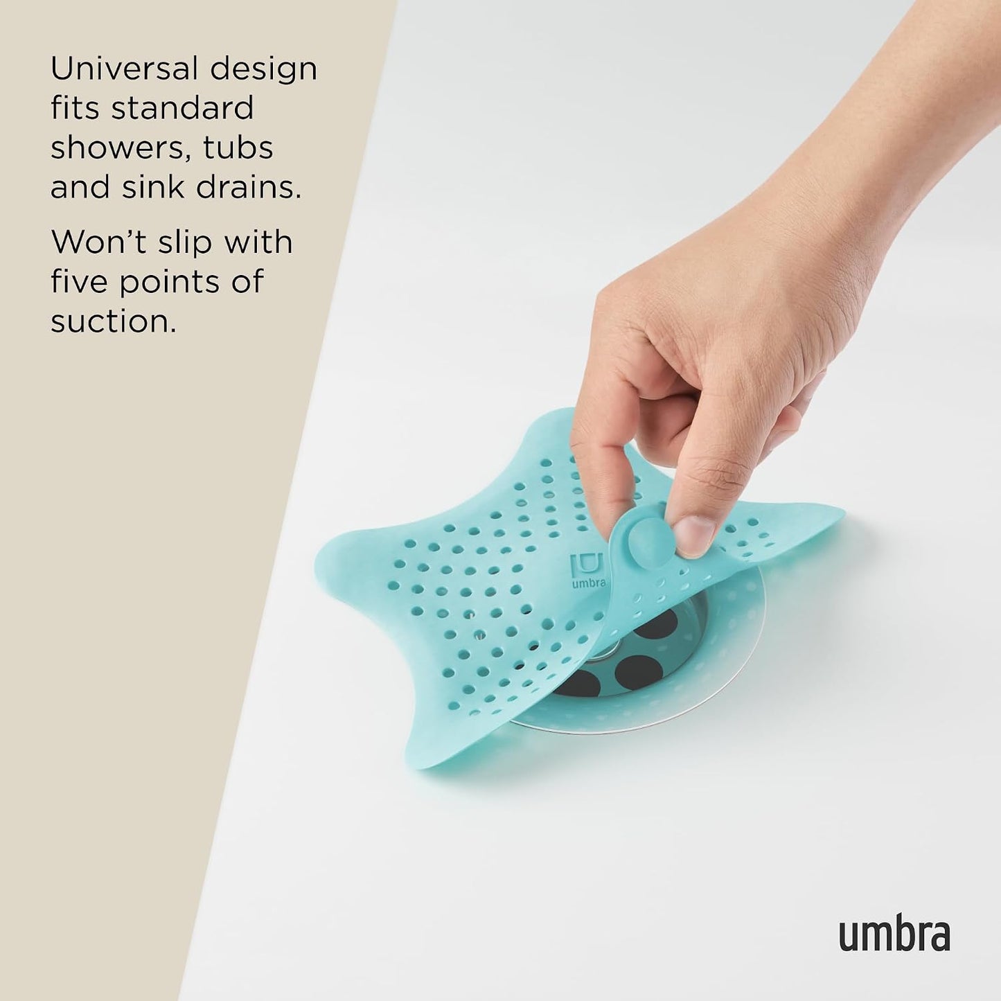Umbra Starfish Hair Catcher, Suction Cup Drain Cover, 6-Inch, White | Silicone material, flexible and durable, water resistant seal, easy to clean, rust proof, fits standard tubs