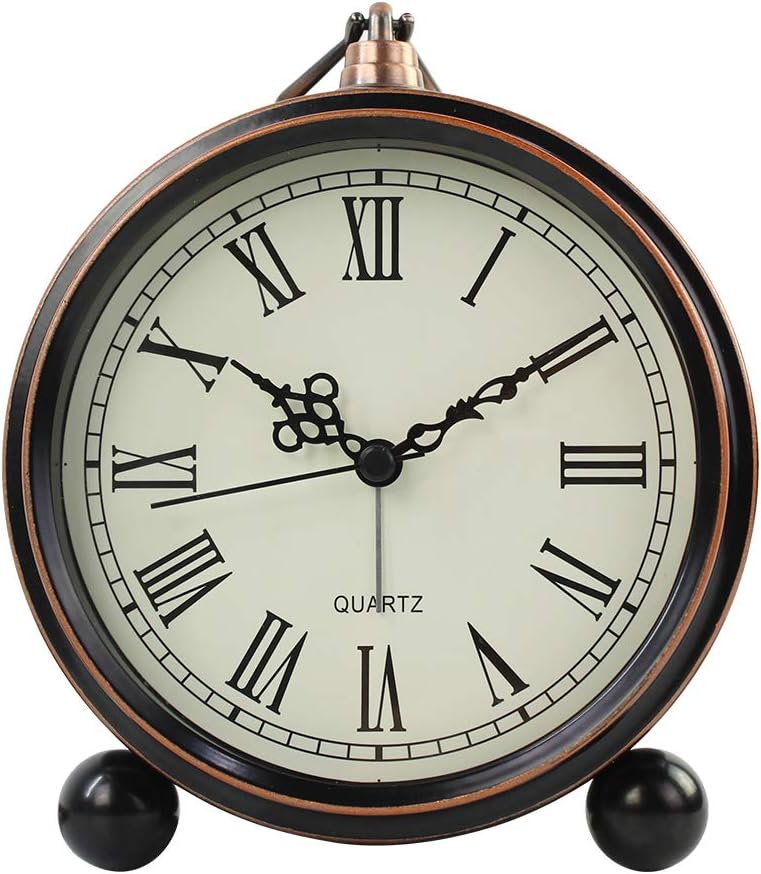 Retro Metal Table Clock Battery Operated Non-Ticking Silent Quartz Table Small Alarm Clock Desk Shelf HD Glass Clock for Kids Room (Arabic-550-12)