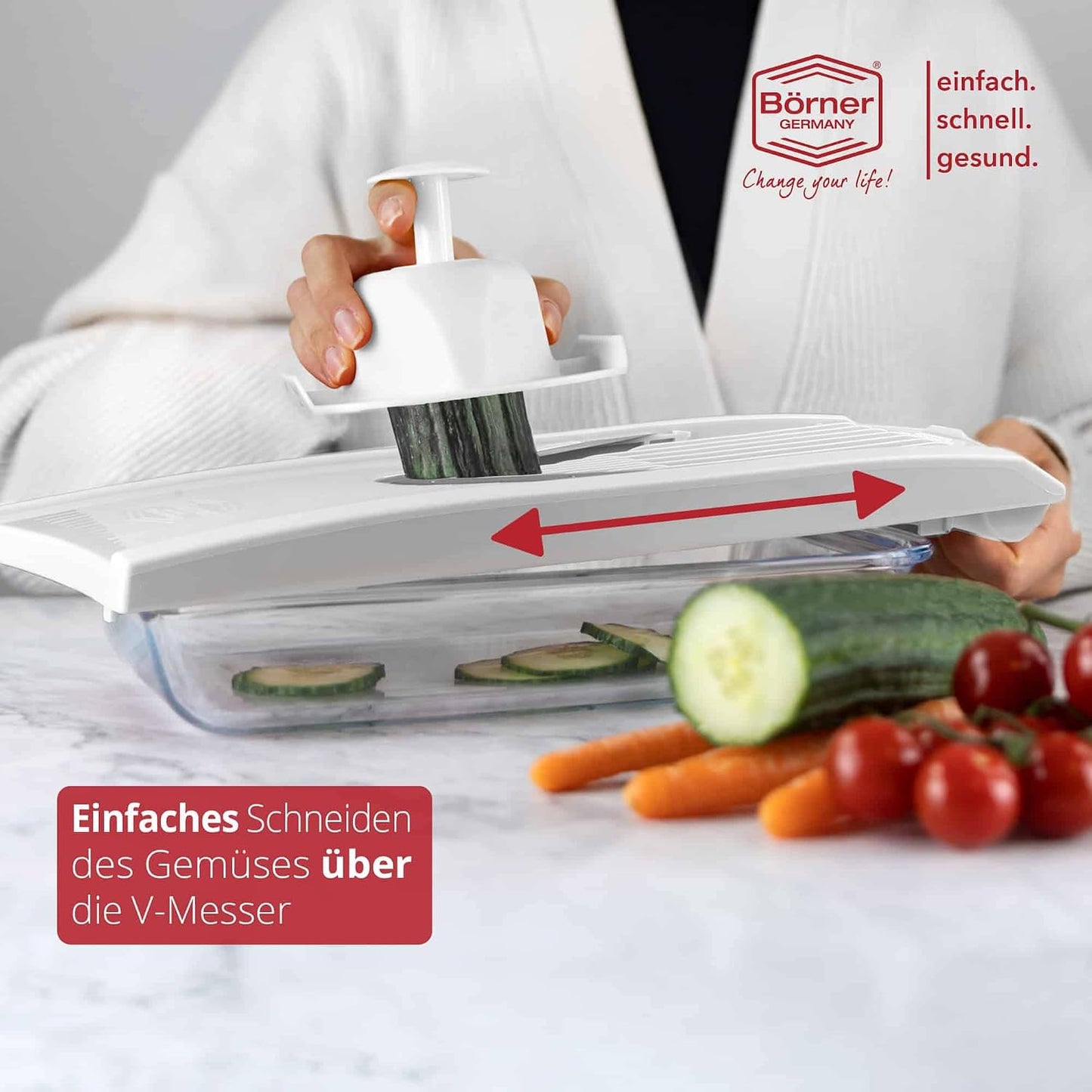 Börner Mandoline Slicer V1 (Basis Set) • V-Slicer with 2 Inserts & Fruit Holder • Adjustable Kitchen Slicer for Vegetables & Fruits • Vegetable Cutter • 3 Thickness Settings • Color: Red