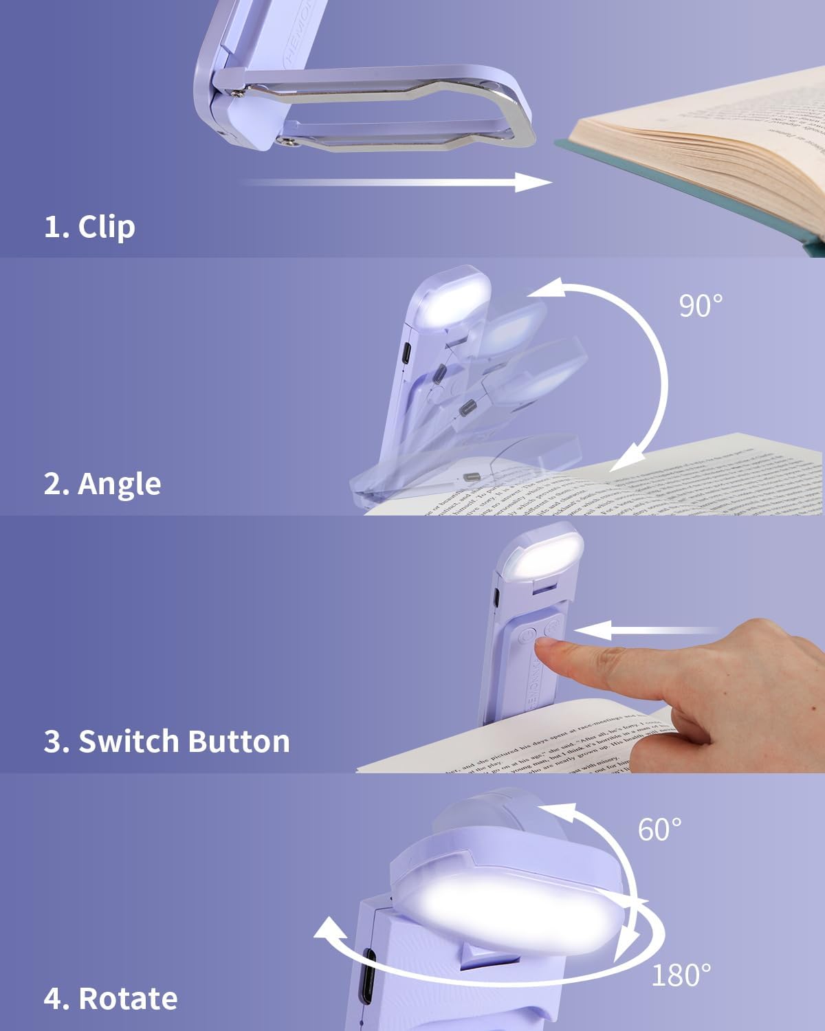 HEMONNKAM Book Reading Light, Rechargeable Clip on Booklight, Eye Caring 3 Color Temperatures & 5 Brightness Levels, Night Use for Bed, Long Lasting, Reading at Night in Bed, Purple