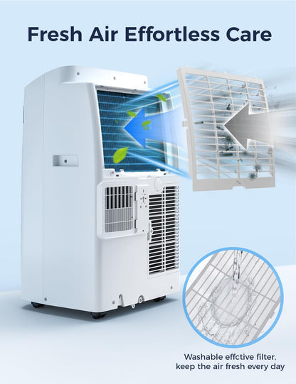 14000BTU Portable Air Conditioner, 4-in-1 700 Sq. Ft, Quiet for room | 14000BTU AC cools 700sq.ft, 4-in-1 cool/fan/dry/sleep, quiet, LED, remote, 24H timer, kit, for bed/office/dorm.