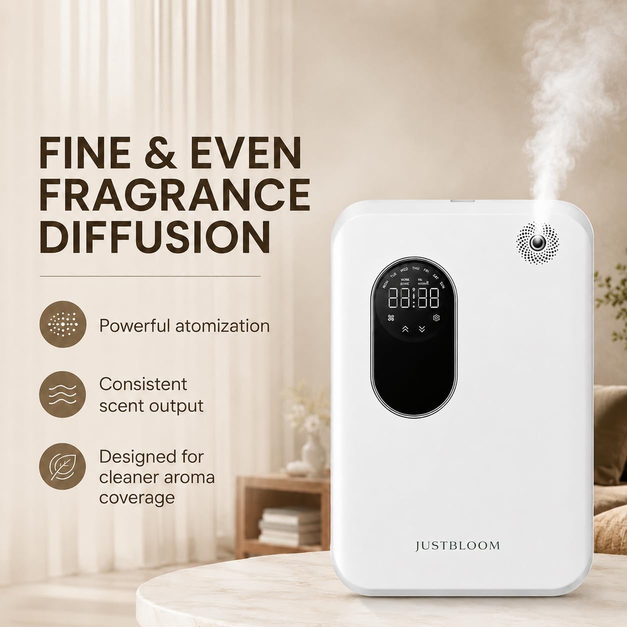 JUSTBLOOM Hotel Essential Oil Diffuser, Waterless Fragrance Diffuser | Up to 4000 Sq Ft: Smart App Control, Cold Air Diffusion, ,360° Ambient Light, Auto Shut-Off, Premium Aluminum Design