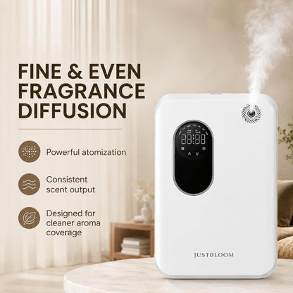 JUSTBLOOM Hotel Essential Oil Diffuser, Waterless Fragrance Diffuser | Up to 4000 Sq Ft: Smart App Control, Cold Air Diffusion, ,360° Ambient Light, Auto Shut-Off, Premium Aluminum Design