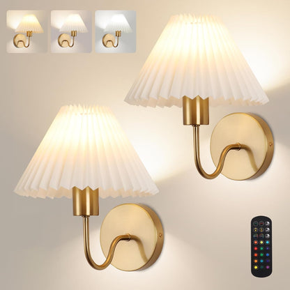 Rechargeable Battery Operated Wall Sconce Sets of 2, 15 Colors Wireless gooseneck Black Wall Lights Fixture with Dimmable Bulbs and Remote, Not Hardwired Wall Mounted Lamps for Bedroom Living Room