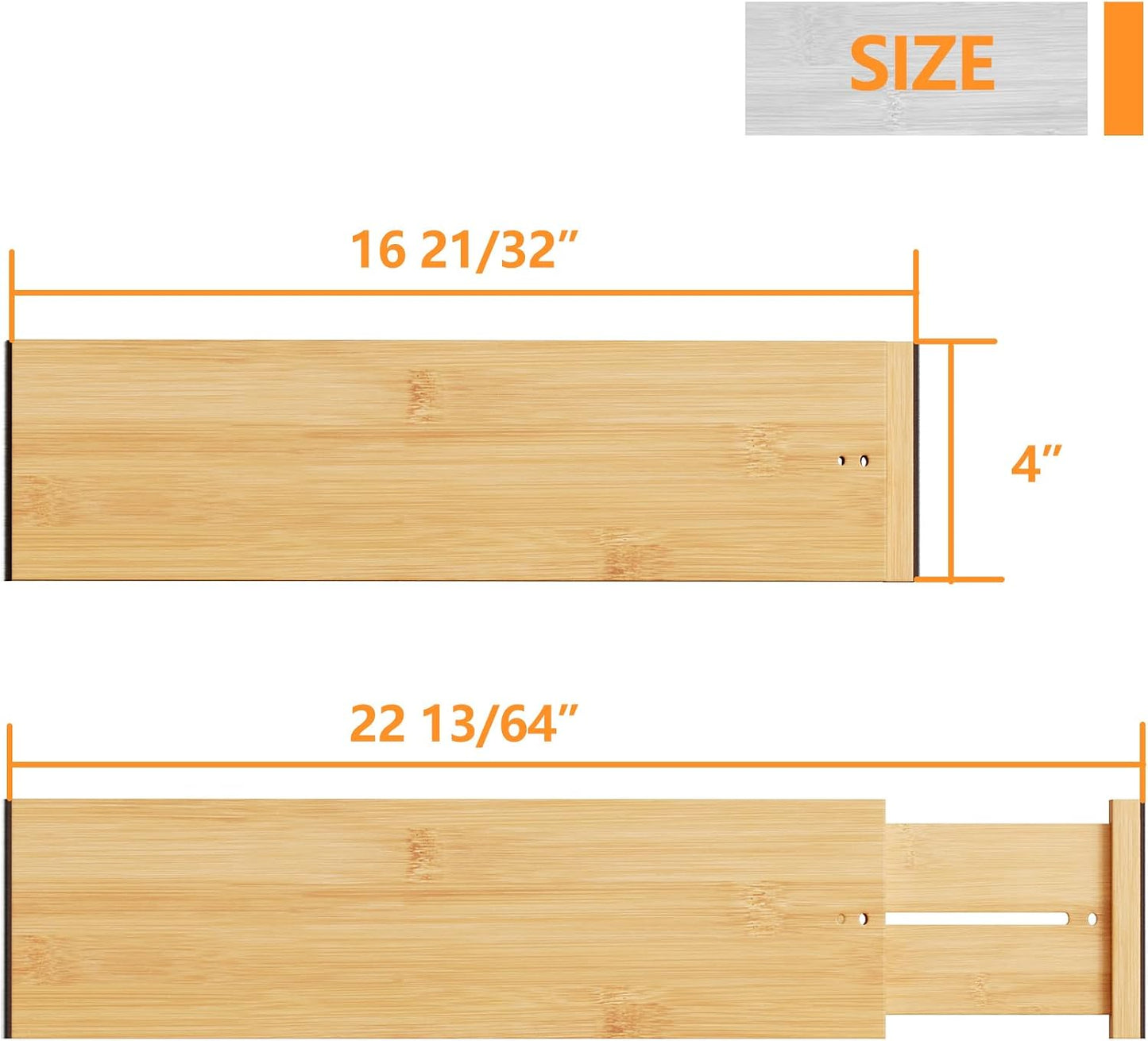 BAMEOS Bamboo Expandable Drawer Dividers – Fits 16.6"–22" Drawers, 2" High, Set of 4 | Spring-Loaded Bamboo Separator for Kitchen Island, Bathroom Vanity & Dresser Drawers