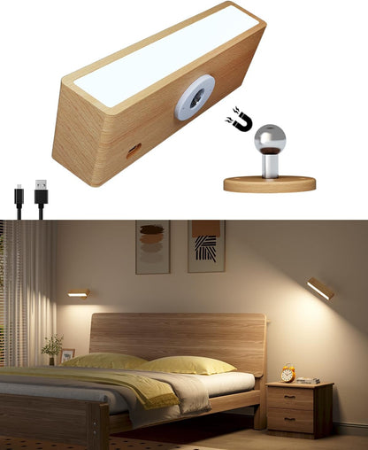DetarZinLED Wall Lights Battery Operated Wooden,Magnetic Wall Sconces Rechargeable,Adhesive Wall Lights for Bedroom,Dimmable Wall Mounted Bedside Lamp,Cordless Battery Wall Sconce for Bedroom Reading