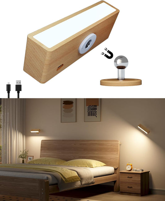 DetarZinLED Wall Lights Battery Operated Wooden,Magnetic Wall Sconces Rechargeable,Adhesive Wall Lights for Bedroom,Dimmable Wall Mounted Bedside Lamp,Cordless Battery Wall Sconce for Bedroom Reading