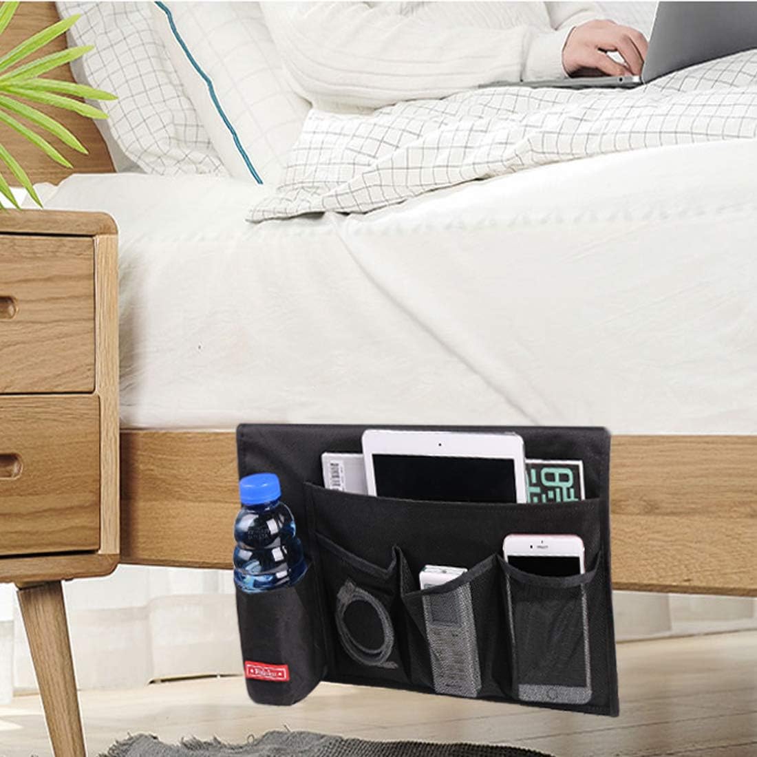 Bedside Caddy,Bedside Organizer Caddy Under Mattress,Holds Magazines,Books (4 Pockets-Grey)