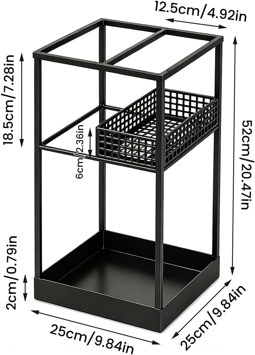 Freestanding Umbrella Stand Rack for Entryway, Metal Umbrella Holder with Removable Drip Tray and Storage Basket, Large Capacity Organizer for Long and Folding Umbrellas Indoor Office Home (Black)